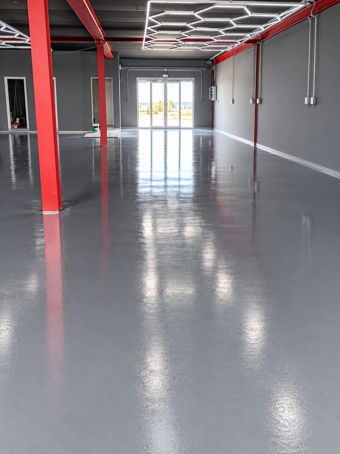 Taller mecánico con pavimento de resina gris brillante